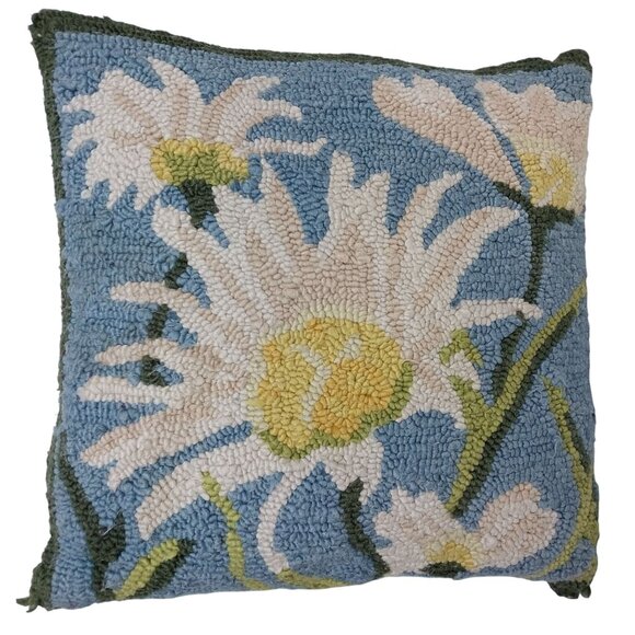 Hand-Hooked Daisy Pillow Floral Blue Green 16.5" Square Throw - Picture 1 of 6